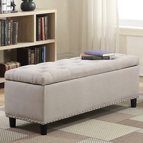 Cassapanca Pouf Contenitore Panca Sgabello Poggiapiedi Legno e Tessuto Beige - Foto 3 di 5