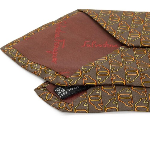 New Unused Salvatore Ferragamo Neck Tie Brown Orange Bear 100%Silk Made in Italy - Picture 4 of 9
