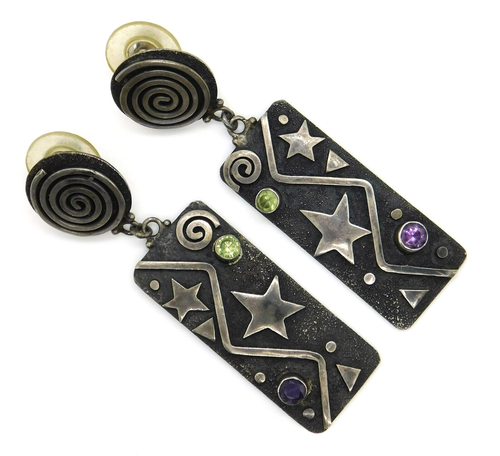 Artisan 925 Sterling Silver Swirls & Stars Peridot & Amethyst Dangle Earrings - Picture 8 of 8