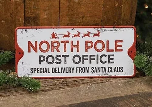 Neu Santa Nordpol Postschild abgenutzt Retro Metall hängend, 11"x4,75" - Bild 1 von 2