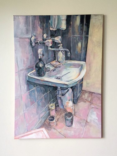 Neutral Acrylic Painting, Sink on Dark Tiles, Purple Beige Pink, Modern Art - Picture 4 of 7