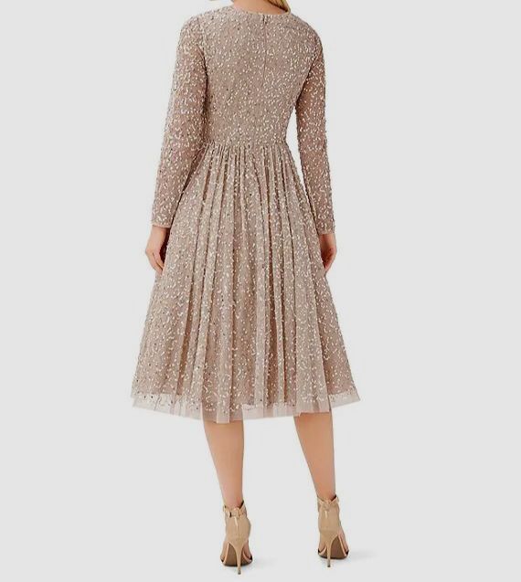 aidan mattox pink sequin dress Aidan Mattox V Neck Long Sleeve Back Zipper Midi Beaded Dress-CHAMPAGNE / 2