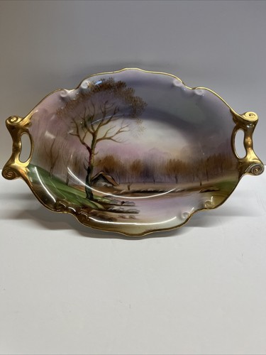 Noritake Handpainted Gold Trim Handled Candy Serving Dish Pastoral Landscape Vtg - Picture 1 of 24