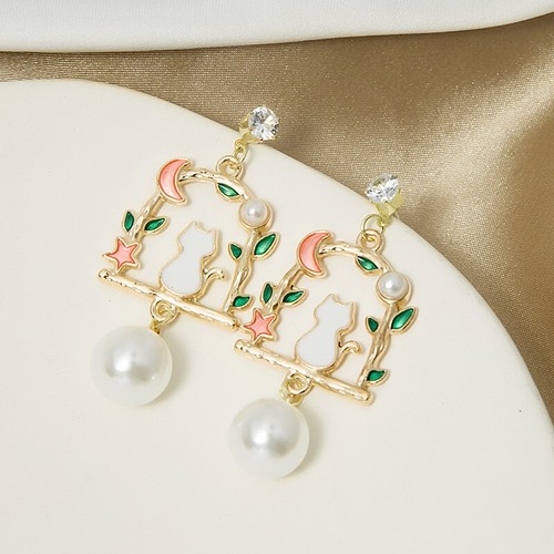 Gorgeous Women 925 Sterling Silver Earrings Pearl Crystal Cute Cat Swing 1592 - Picture 3 of 3