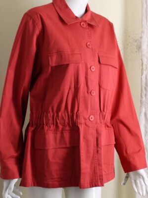 NWT Talbots Sz LP L Petite Rosy Red Cinch Waist Long Twill Jacket Coat Cotton
