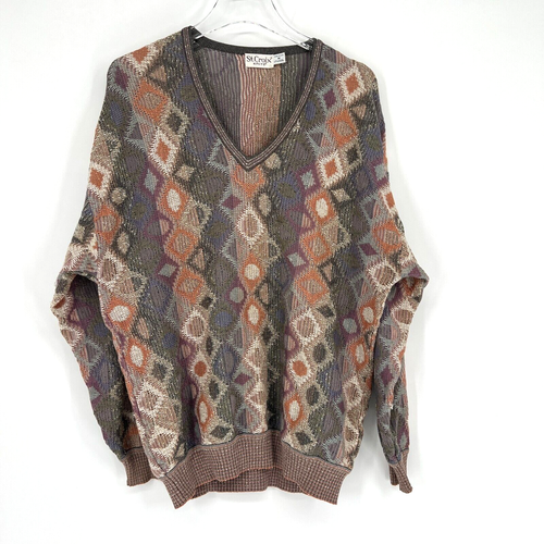 St. Croix Knits Sweater Mens M Vintage Geometric Loud Print Diamond Grandpa