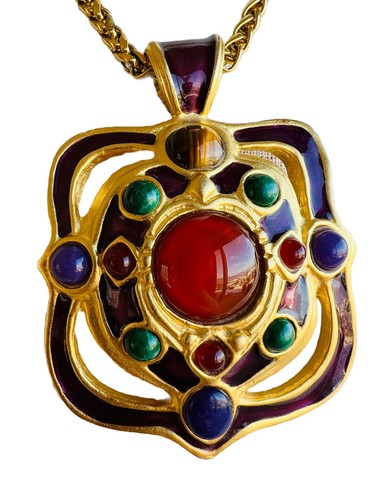 Vtg Large Heavy Gem Cabochon Enamel Franco Chain Necklace Carnelian Malachite - Picture 3 of 11