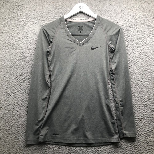 Nike Pro TShirt Women's XS Long Sleeve Graphic Logo VNeck Heathered