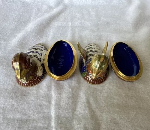Coppia di scatole portagioie vintage Cloisonné ottone smaltato mandarino anatra uccellino con scatola - Foto 11 di 23