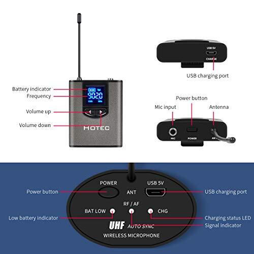 Hotec Micro-cravate/micro-casque UHF sans fil avec émetteur de poche et mini réc - Zdjęcie 2 z 7