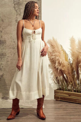 UO Nicolette Smocked White Midi Dress Urban Outfitters Adjustable Tie New  XS | eBay
