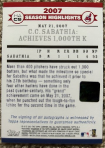 2007 Topps Baseball 2007 Highlights CC Sabathia #HACS Autograph - Picture 2 of 2