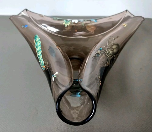 Ancienne Coupe Art Nouveau En Verre Émaillé Décore : Floral Et Insectes. - Picture 16 of 18