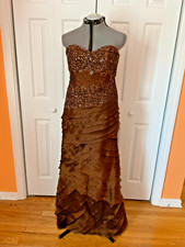 Alta Moda Couture brown beaded long strapless tiered Gown Dress size 12