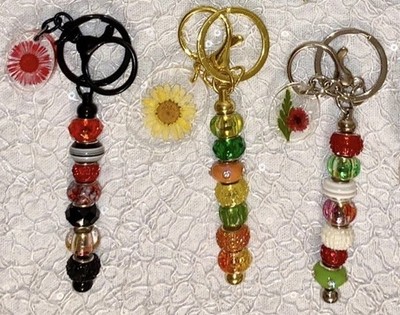 3 Handmade Beaded Metal Keychains w/ Charms, Detachable Gold/Silver Keyrings