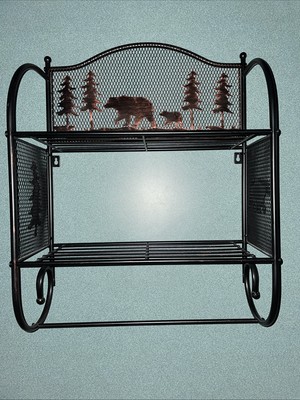 Cabin Rustic Bronze Iron Bear Cutouts Metal Wall Shelf W/ Towel Rack Bar Lodge