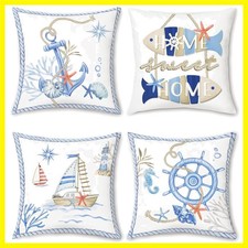 Nautical Ocean Throw Pillow Covers Set of 4 - 18'' Velvet Decorative Cushions