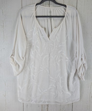 St Johns Bay Size XL Ivory Floral Embroidered Womens Roll Up Sleeve Blouse