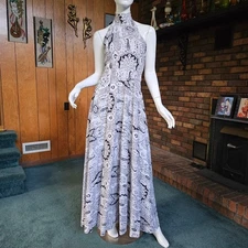 Vtg 50s 60s Bandana Novelty Print Backless Halter Full Circle Skirt Maxi Dress S