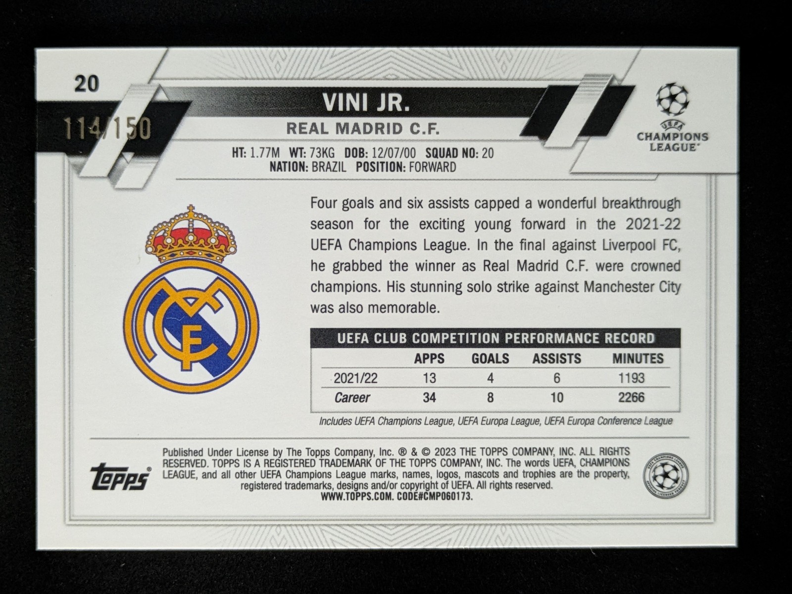 2024-25 Topps Chrome UEFA VINICIUS JR. 114/150 Blue Refractor Real Madrid #7 view 2