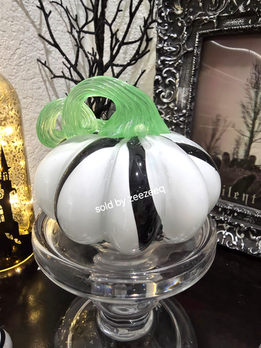 Martha Stewart Handblown Glass Curly Stem Pumpkins Fall Green Black White Set 3 - Picture 2 of 5