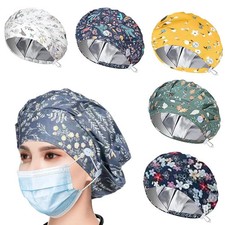 6 PCS Bouffant Scrub Caps Satin Lined, Adjustable, Button, Sweatband,Multi Color