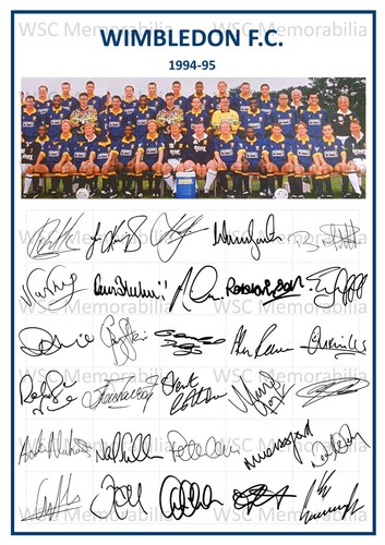 12601. Wimbledon FC 1994-95 Signed Team Sheet (PRINTED AUTOGRAPHS - A4)