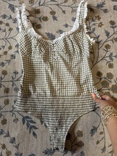 Free People Cassie Gingham Eyelet Trim Bodysuit Olive Green Size Small