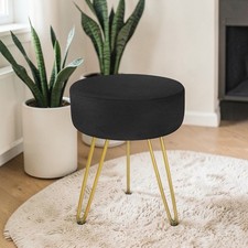 Round Ottoman Footrest Black Velvet Vanity Stool Modern Dressing Stool Gold Legs