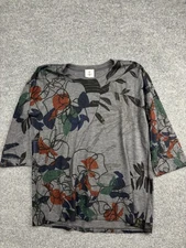 Inoah Shirt Womens Large Gray Floral Print 3/4 Sleeve Made USA Tunic Top