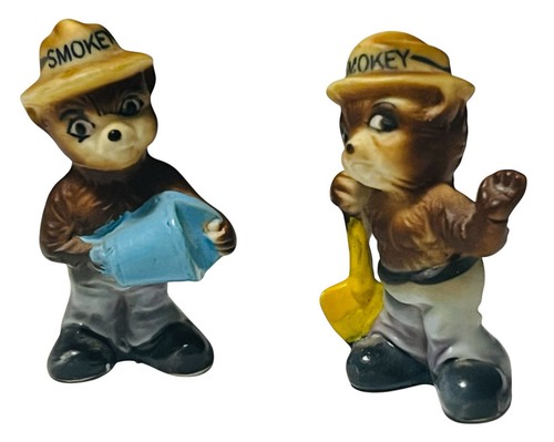 2 Smokey Bear miniature bone china Japan 1.75" figurines Shovel Bucket EUC