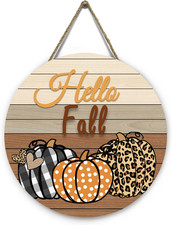 Hello Fall Pumpkin Wooden Door Signs Autumn Harvest Sign Front Door Decor Plaid