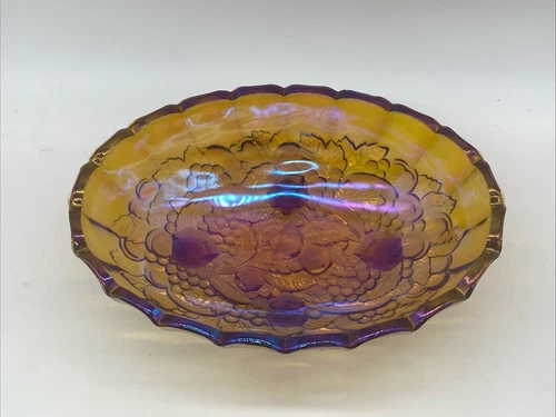 Vintage Indiana Glass Harvest Grape Carnival Glass Amber Oval Footed Bowl 12”