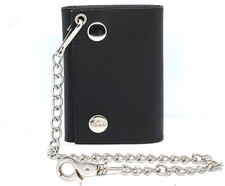 Black Genuine Leather Men's Trucker's Wallet Trifold Chain Motorcyclist Biker