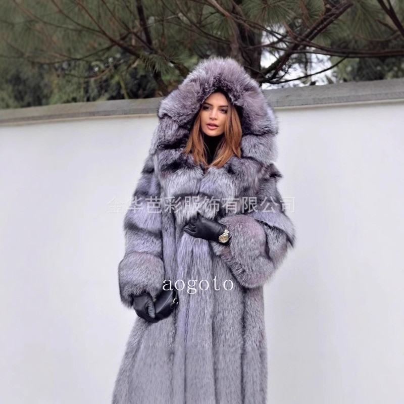【シルク100%】ロングコート 毛皮 フォックスファー グレー Lサイズ Women's Silver Faux Fur Coat Loose Fitting Hooded Thicken Warm Fox