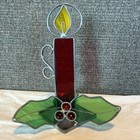 Christmas Candle Holiday Tabletop Stained Glass Art Piece Decor Red Green Silver