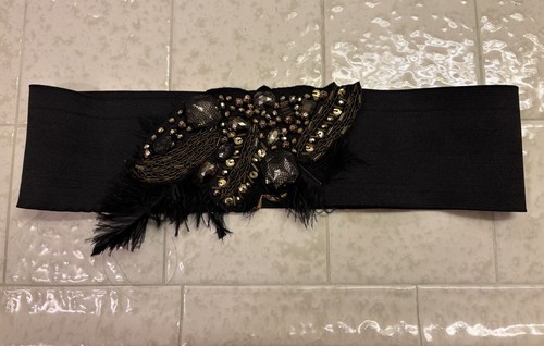 Bebe Wide Statement Belt With Feather Black Stretchy Size S - Picture 1 of 5