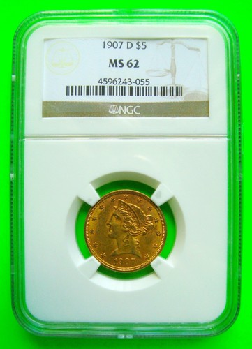 1907-D LIBERTY $5 ORO MEDIO ÁGUILA - NGC MS62 + ENVÍO GRATUITO EE. UU. Excelente - Imagen 5 de 5