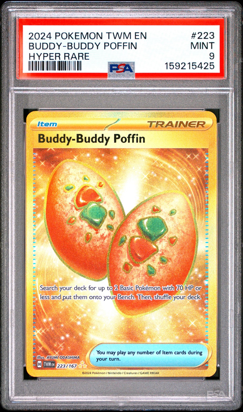 2024 POKEMON TWM EN-TWILIGHT MASQUERADE HYPER RARE #223 BUDDY-BUDDY POFFIN PSA 9