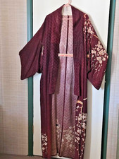 Vintage Japanese Silk Kimono Burgundy Rinzu Sakura Damask TALL Duster AS-IS / FL