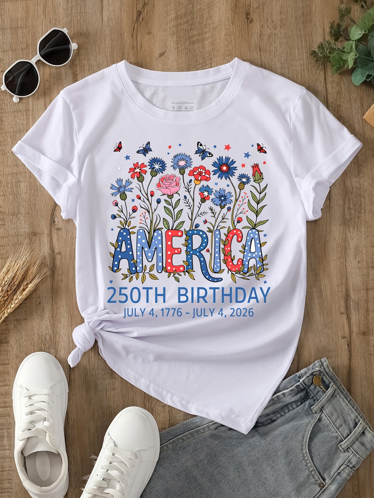 Women's USA 250th Birthday 1776–2026 Floral Butterfly Patriotic T-Shirt