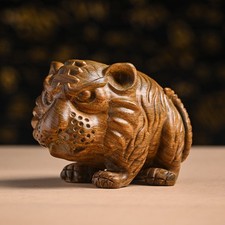 Green Sandalwood Handmade Carving of The Zodiac Tiger and Cute Tiger Handicrafts