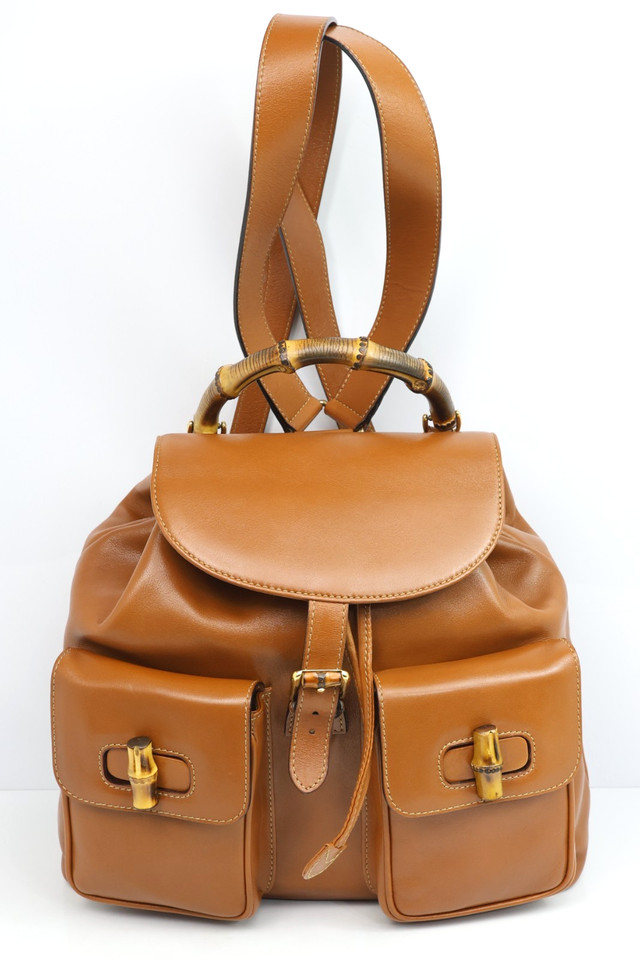 Gucci Bamboo Backpack Brown Leather Large Dual Pocket Rucksack Authentic 11.8" V