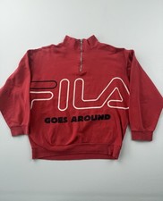 FILA Sweatshirt Mens Red 1/4 Zip Pullover Goes Around Logo Mock Neck VTG Read