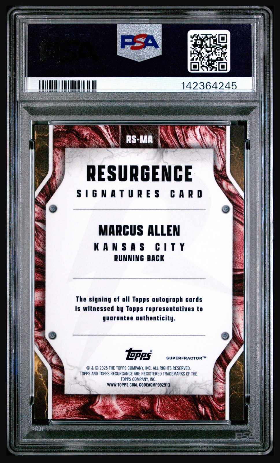 2024 Topps Resurgence Marcus Allen Auto HOF SUPERFRACTOR 1/1 PSA 9 view 2