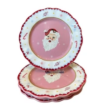 Potter's Studio PINK SANTA Salad Plates 8.5in Ceramic Set of 4 Christmas New 