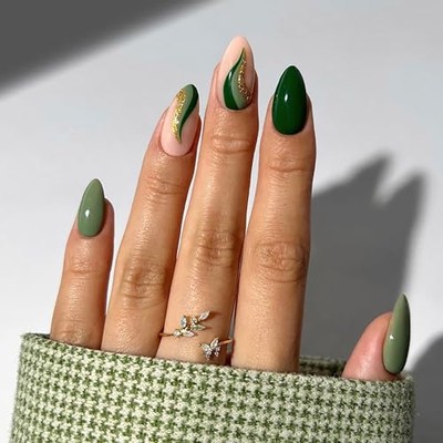 Press on Nails Medium Green Almond Shaped False Nails Artificial Green Ripple