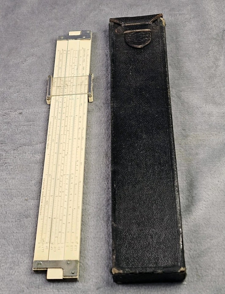 The Dietzgen Maniphase Multiplex is a fancy slide rule name that delivers — a multi-scale USA-made instrument with original case under $20.