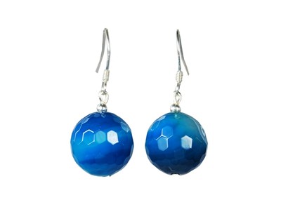 Schöne Ohrringe aus blauem Achat 925 Silber Ohrhaken facettiert Kugelform Ø-14mm