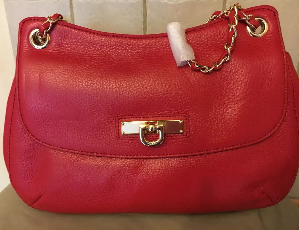 DKNY RED HANDBAG LEATHER WITH ADJUSTABLE LEATHER GOLD CHAIN S STRAP RRP 240